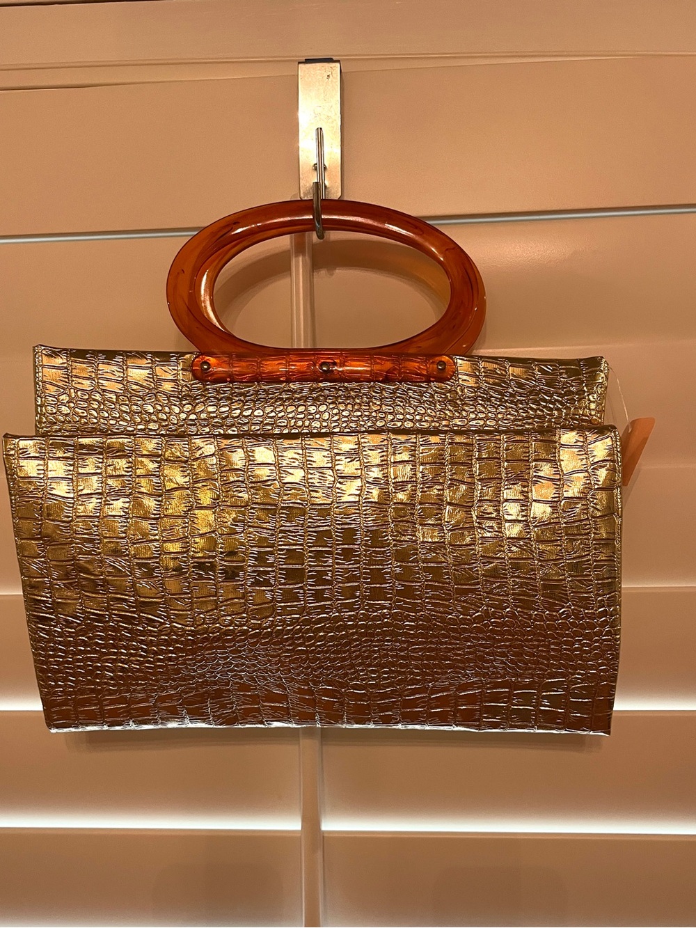1960’s MCM Gold Croc-Embossed Convertible Handbag with Amber Handles